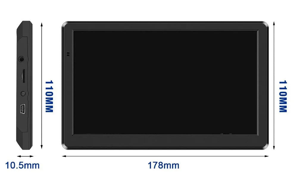 Black portable car GPS navigation device with 7 inch screen mounted on a bracket and car charger.