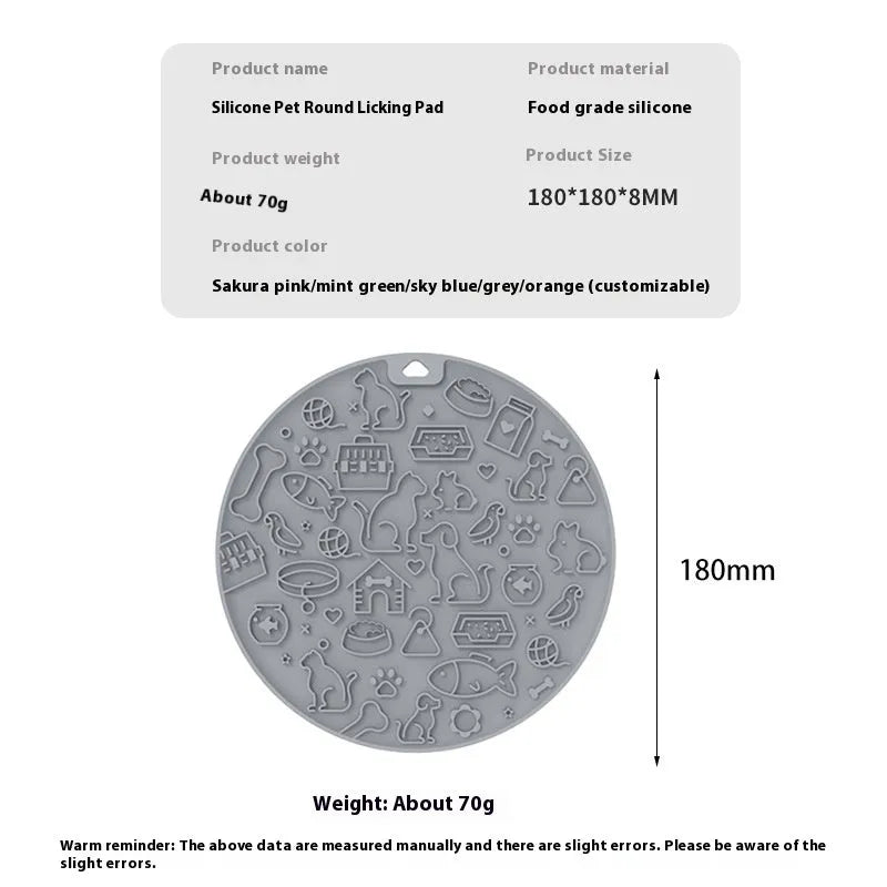 Round blue silicone pet licking mat with textured surface and white sucker on reverse.