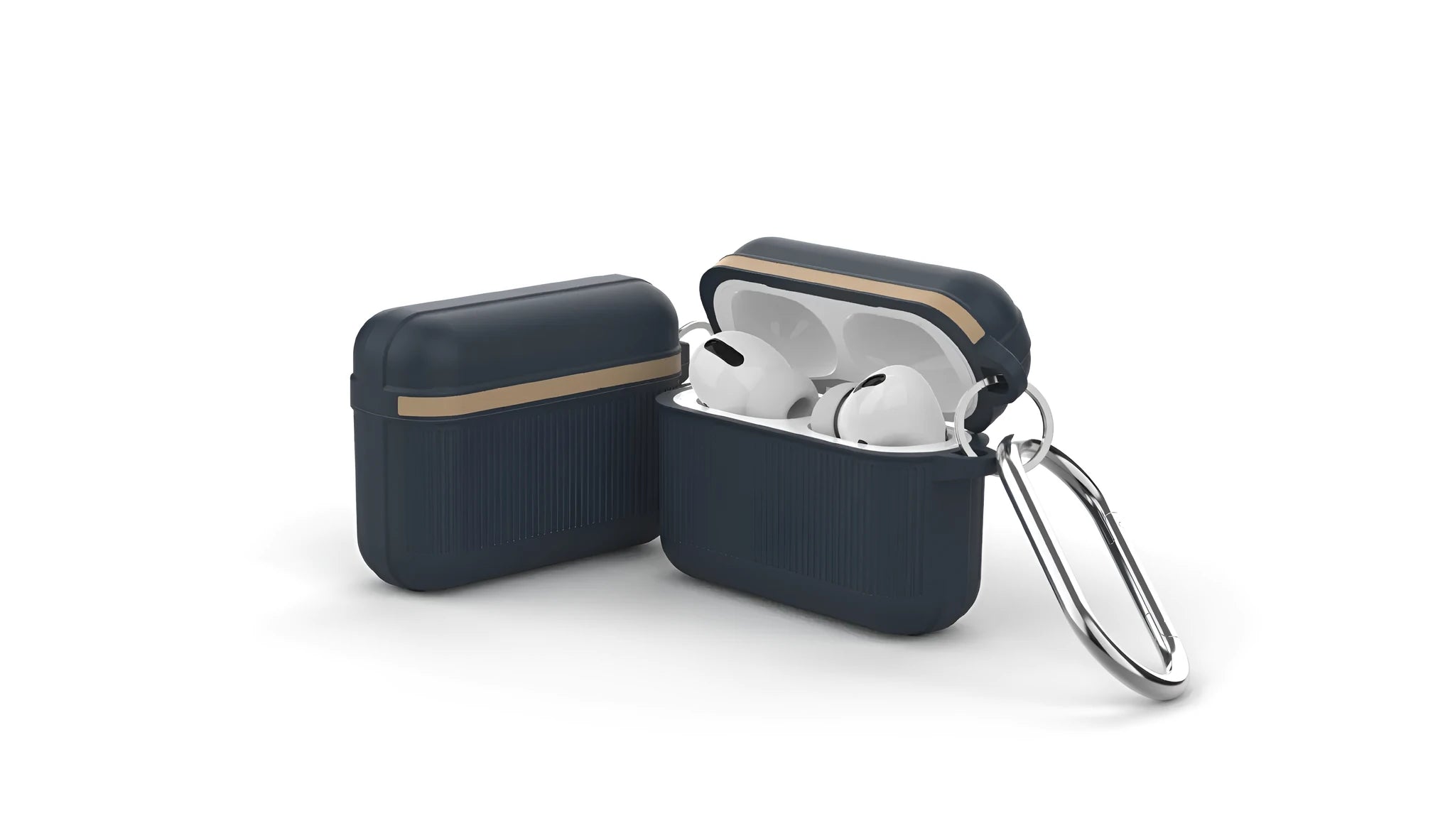 Silicone clamshell case for Apple AirPods with metal buckle, shown in a solid colour option.