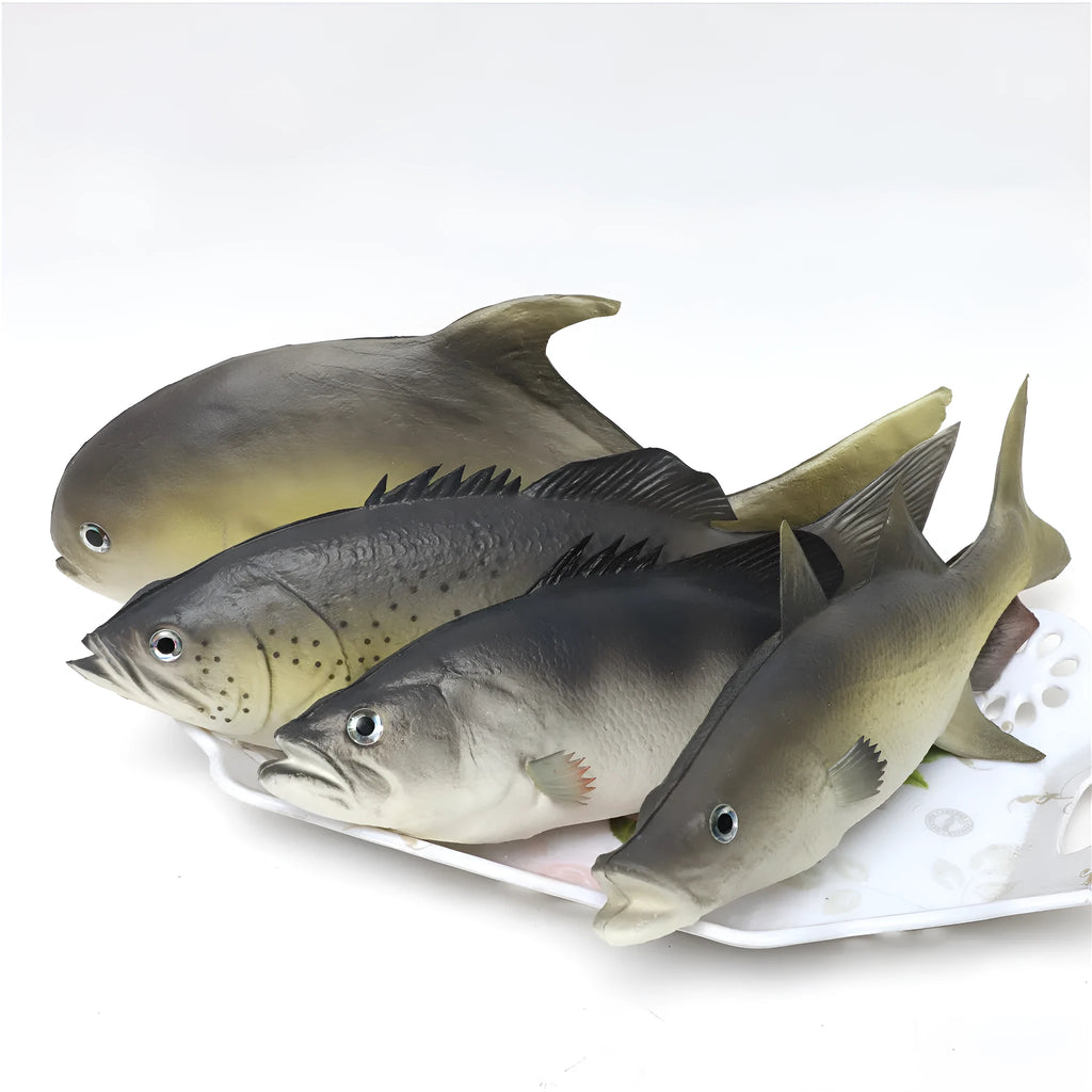 Three PU simulated fish ornaments: yellow-fin tuna, yellow croaker and flower fish models