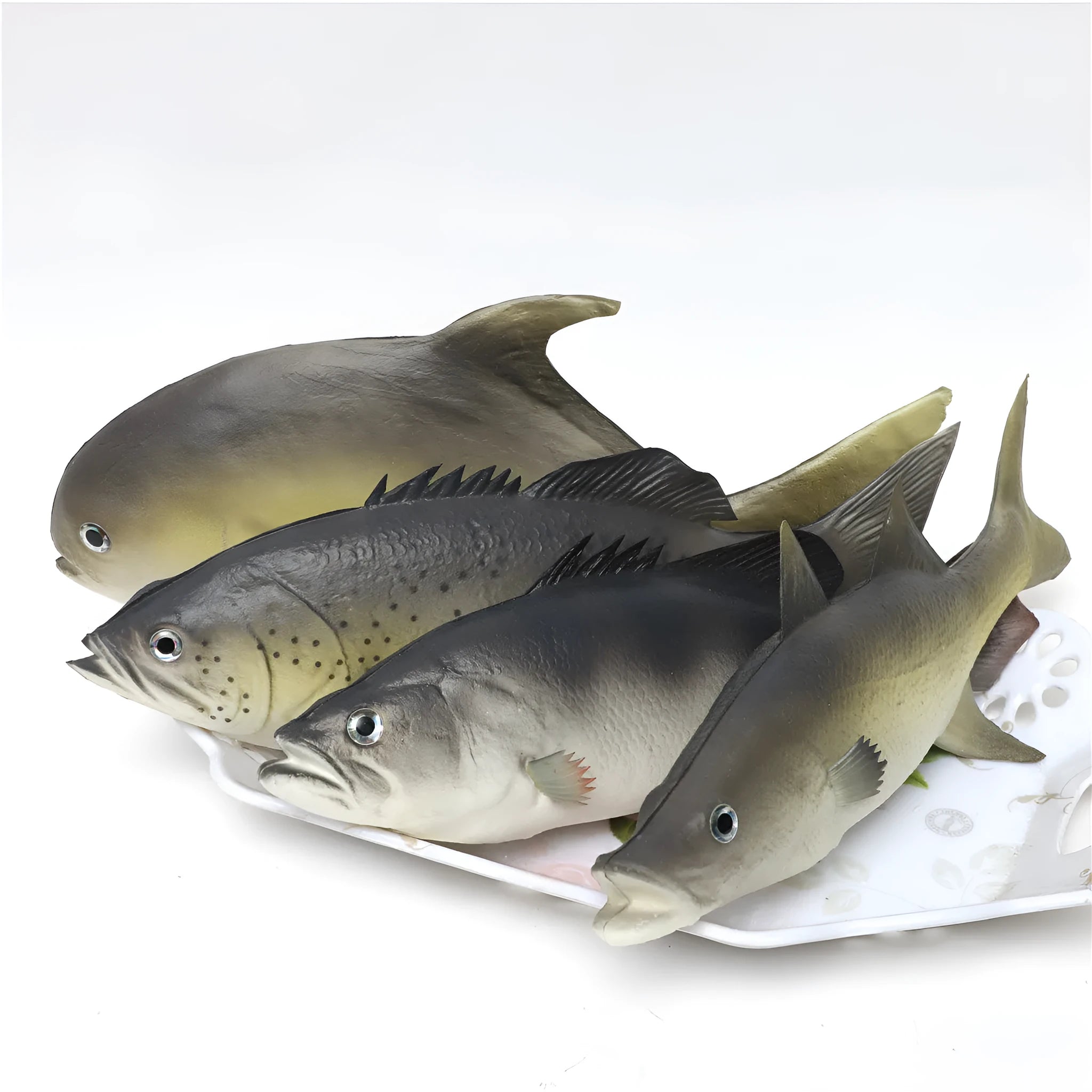 Three PU simulated fish ornaments: yellow-fin tuna, yellow croaker and flower fish models
