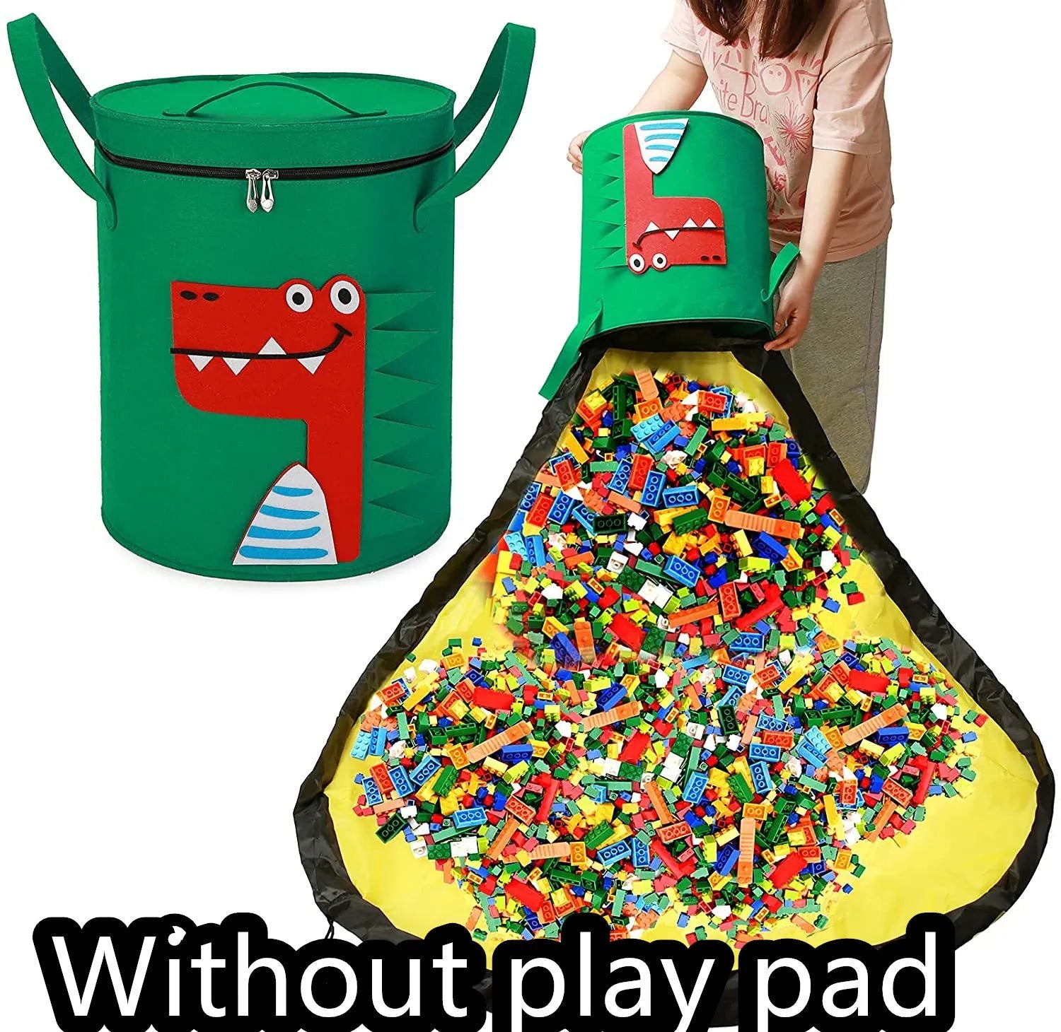 Green cube-shaped felt storage bag with a pull rope, shown as a toy organiser and play mat.