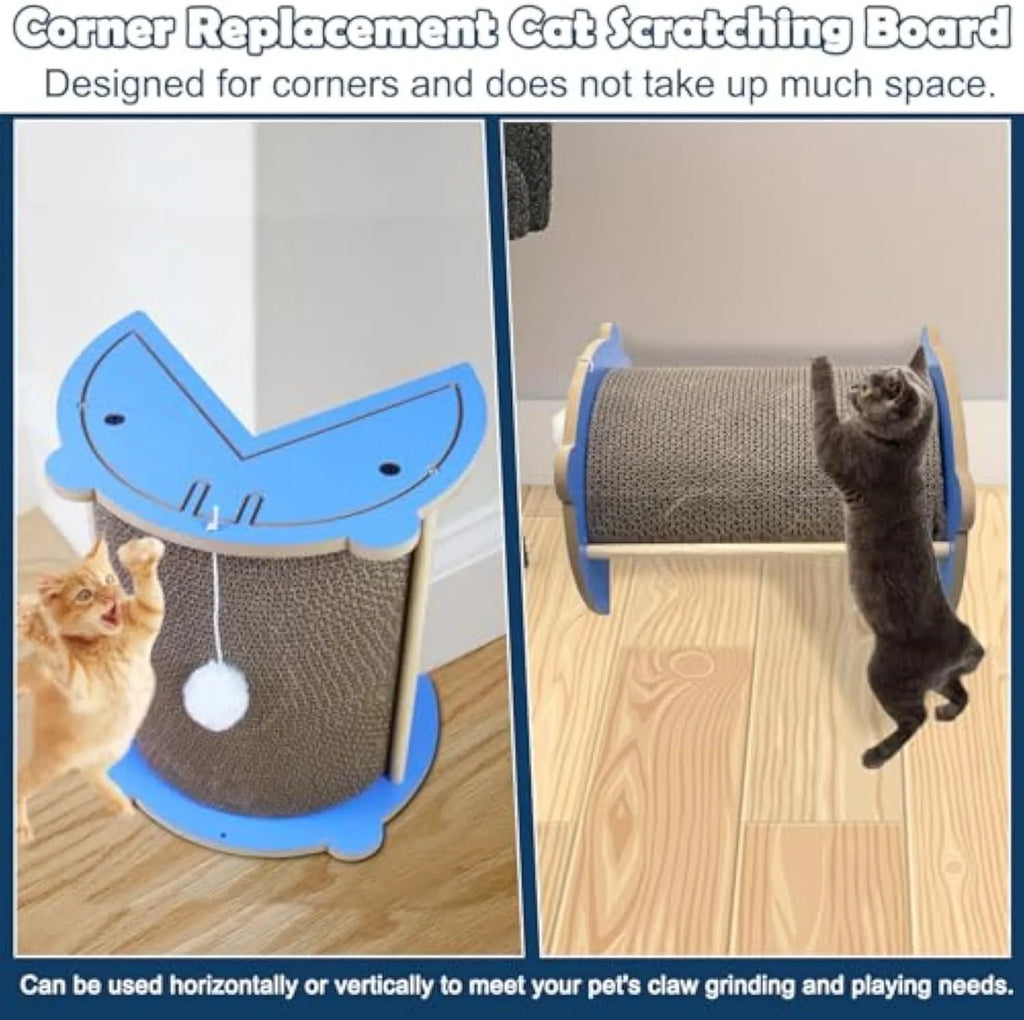 Grey cat corner scratcher with hanging ball mounted in a room corner.