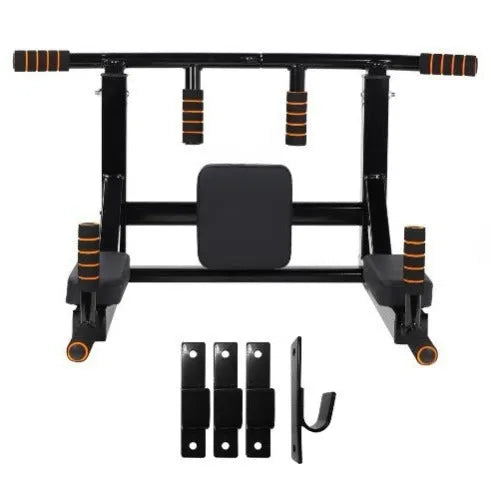 Black steel wall-mounted single parallel bars pull-up rack with integrated sandbag storage