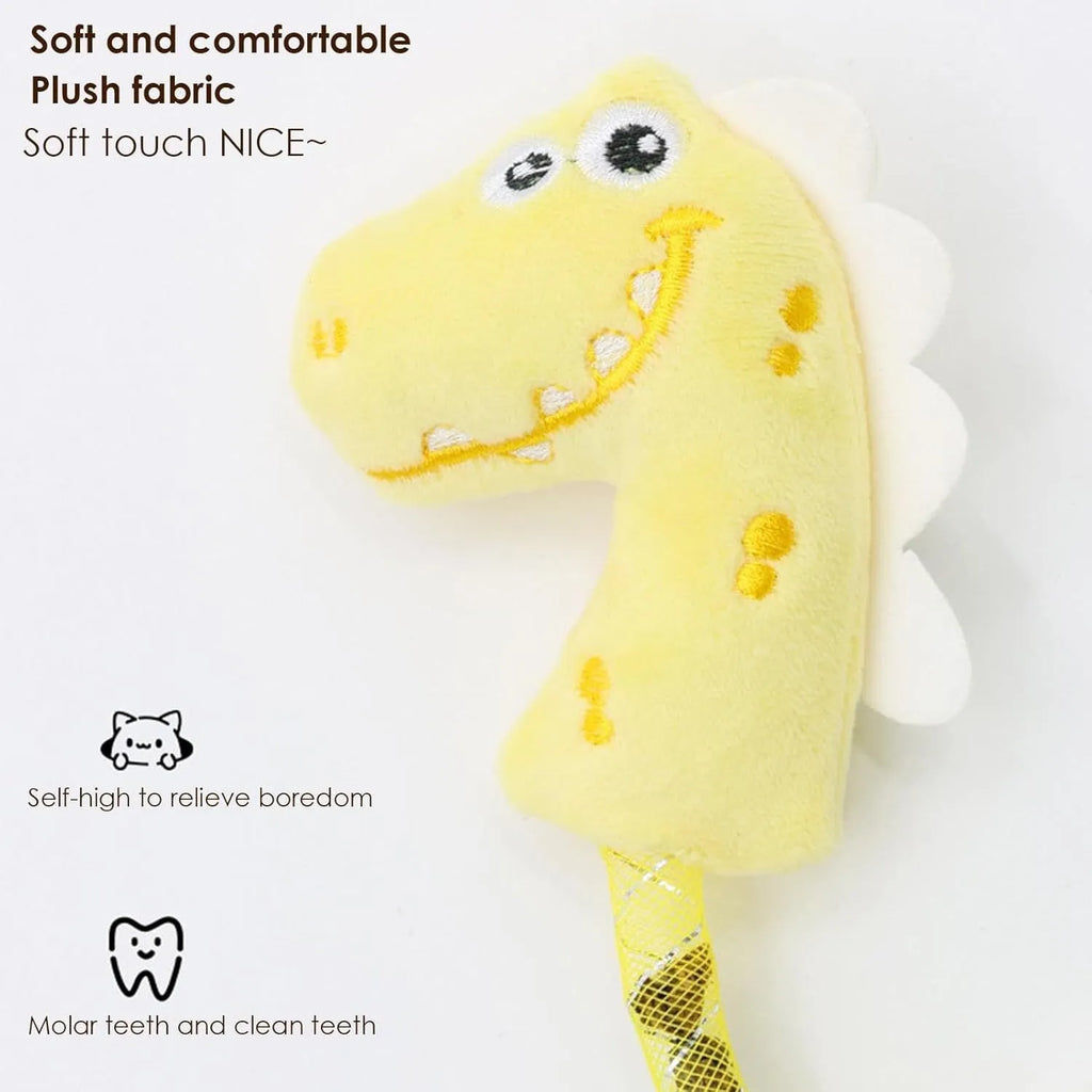 Set of four colourful plush cat toys including a fish, mouse, bunny, and rope on a plain background.