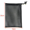 Black drawstring mesh storage bag showing grid fabric and three size options for toy organisation.