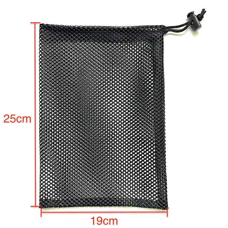 Black drawstring mesh storage bag showing grid fabric and three size options for toy organisation.