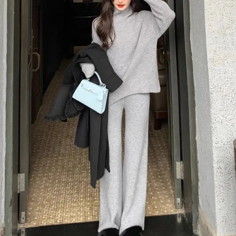 Women's acrylic fibre sweater and wide leg pants two-piece set in beige, black, grey, khaki or pink