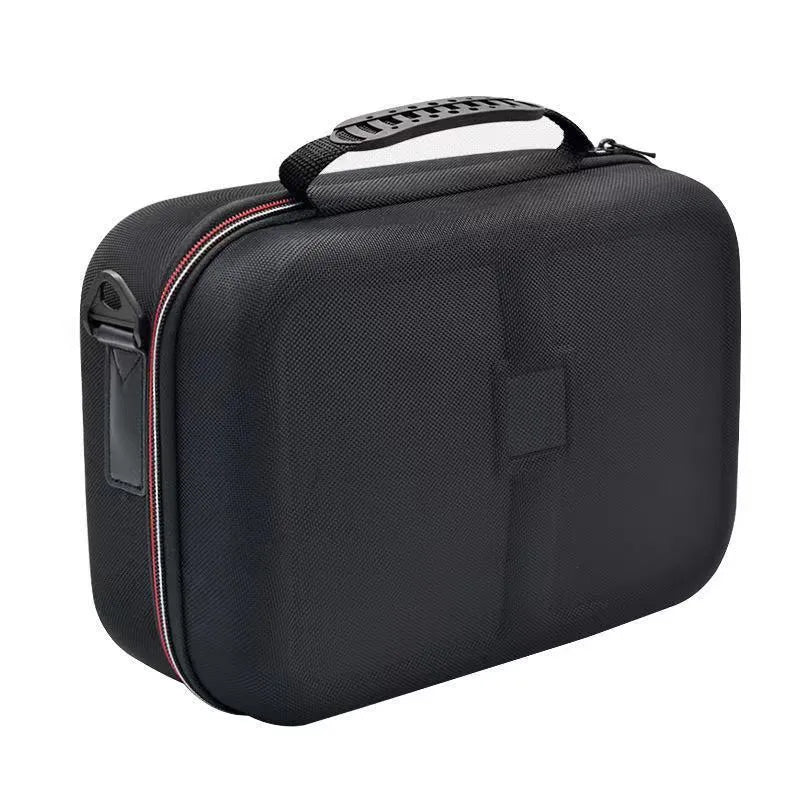 Black EVA hard-shell game console accessory storage bag shown with controllers and cables inside.