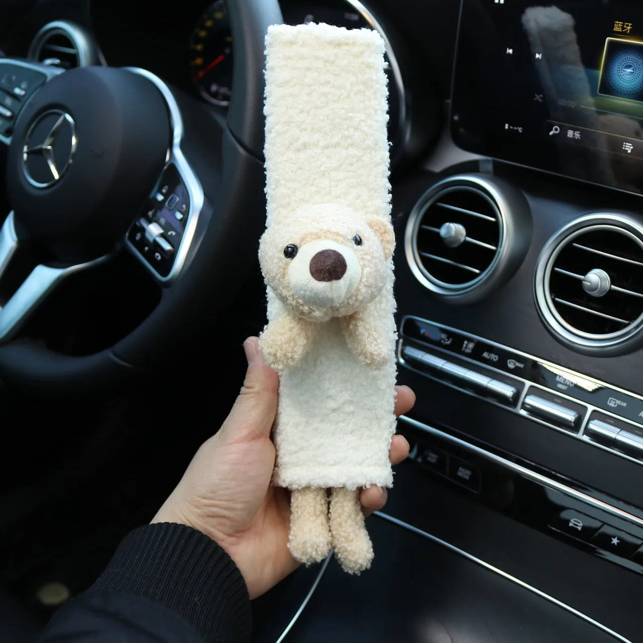 Cartoon plush car seat belt shoulder protector with rabbit and bear designs in lamb wool material