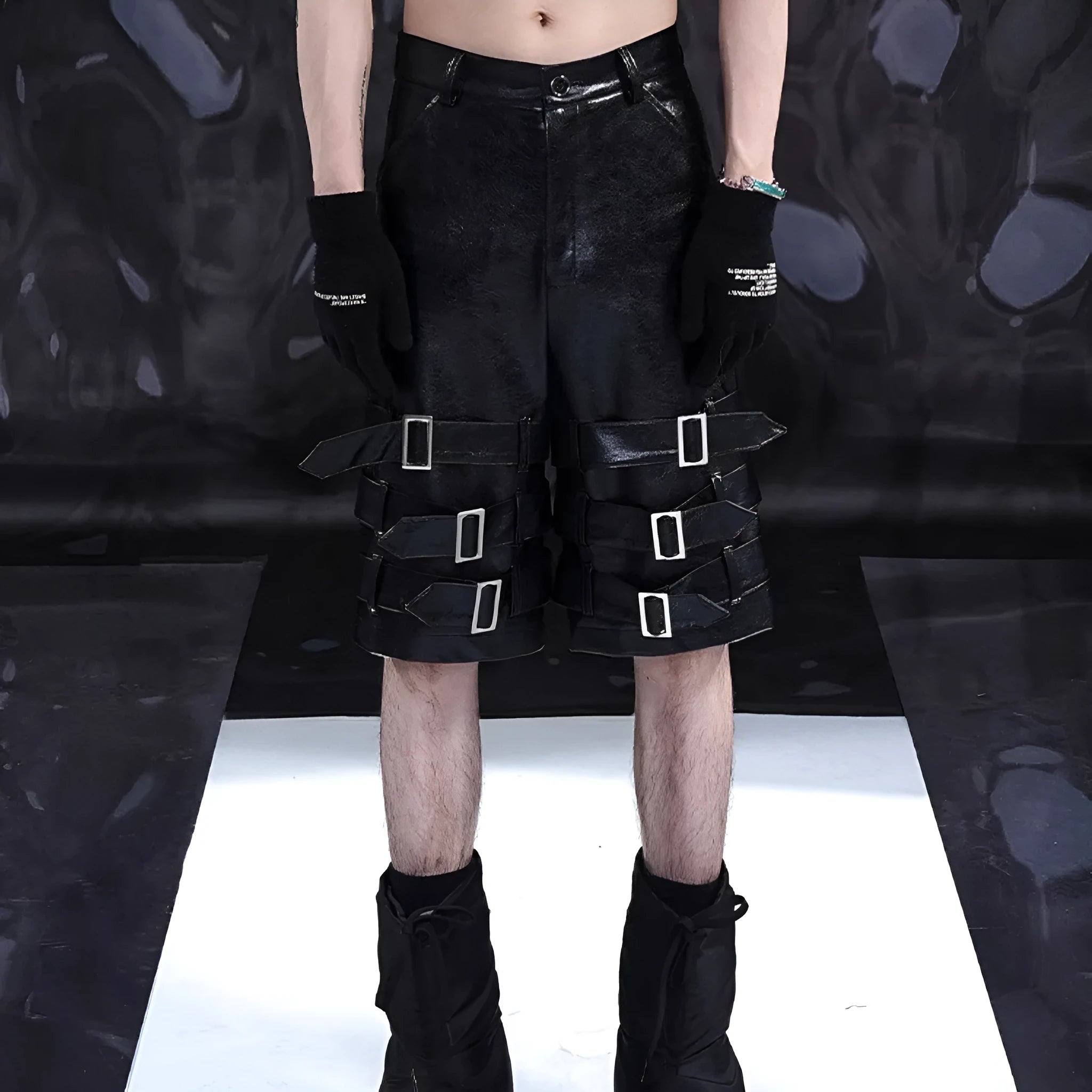 Black men's PU leather cropped shorts with a ring detail on the leg, shown on a model.