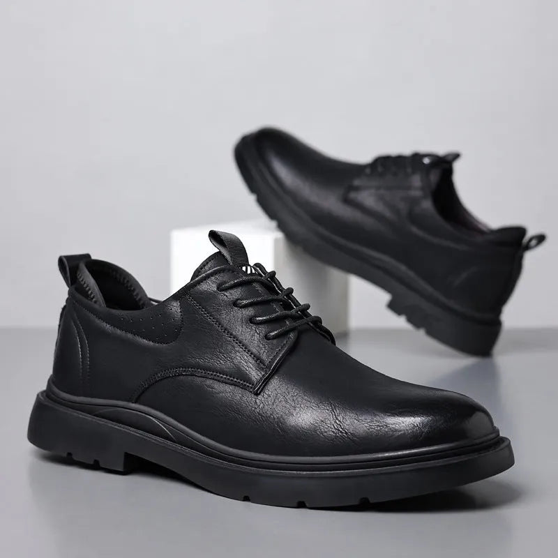 Men's black leather business sneakers with sewing line details on two-layer cowhide upper and rubber sole
