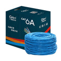 305-metre drum of blue Cat 6 oxygen-free copper gigabit network cable with specifications label.