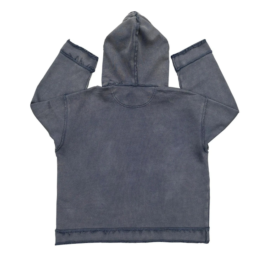 Dark blue hooded sweatshirt with The Sun Also Rises graphic, showing crewneck and long sleeves.