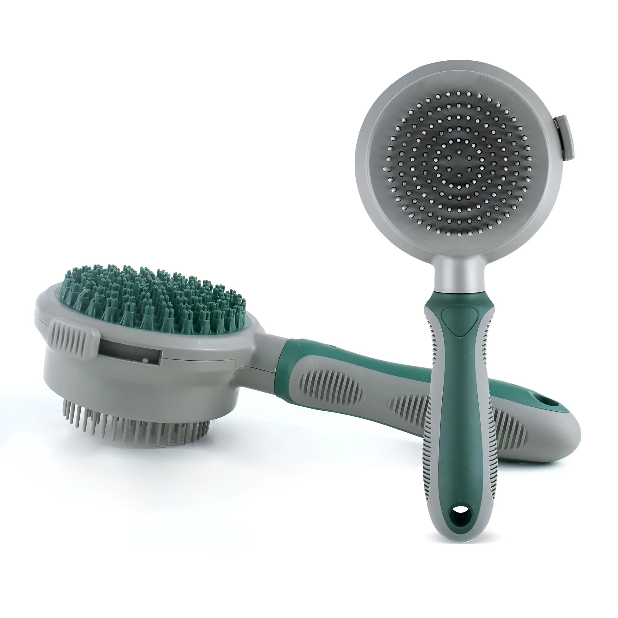 Two-sided silicone cat hair brush showing retractable slicker brush and octopus-teethed massager sides on green background