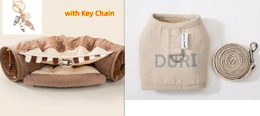 Collapsible cloth cat tunnel shown in one of four colour options: bar, coffee, matcha, or pink.