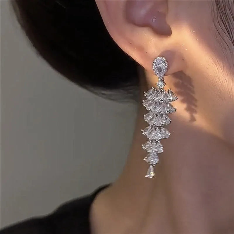 Silver Pagoda coloured Christmas tree and pagoda shaped drop earrings with zircon accents.