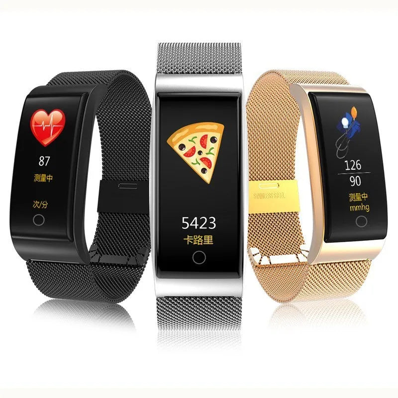 Fashion F4 smart bracelet with colour screen and tin alloy body in black, gold, and silver