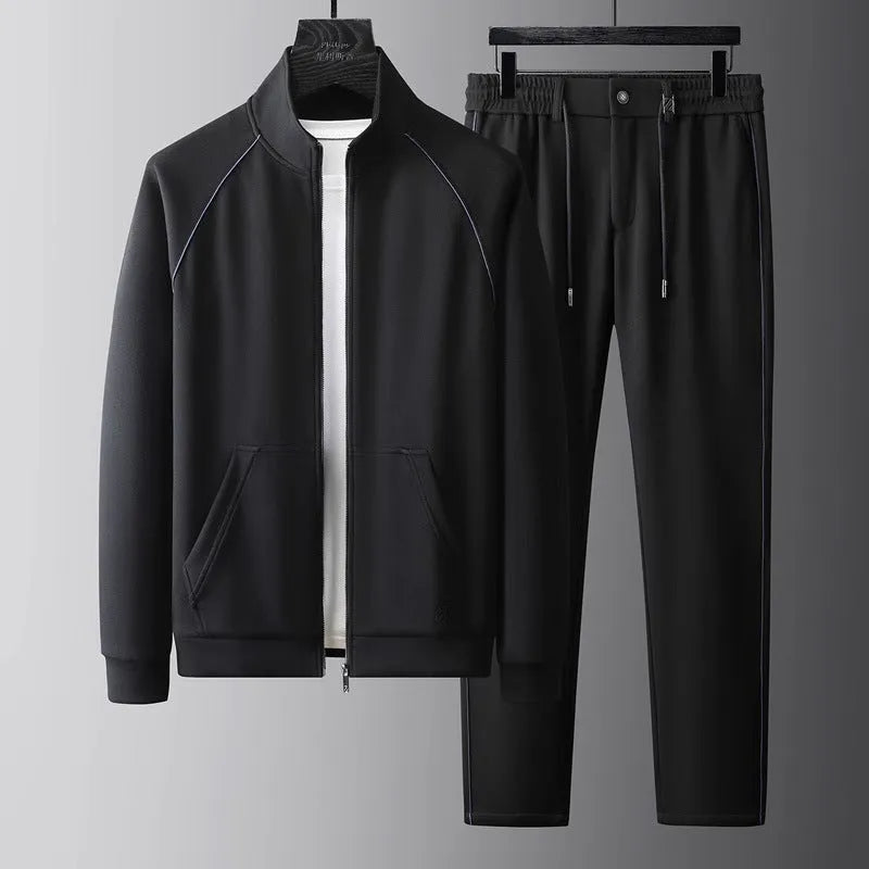 Men's stand collar casual sports suit jacket and trousers in slim fit.