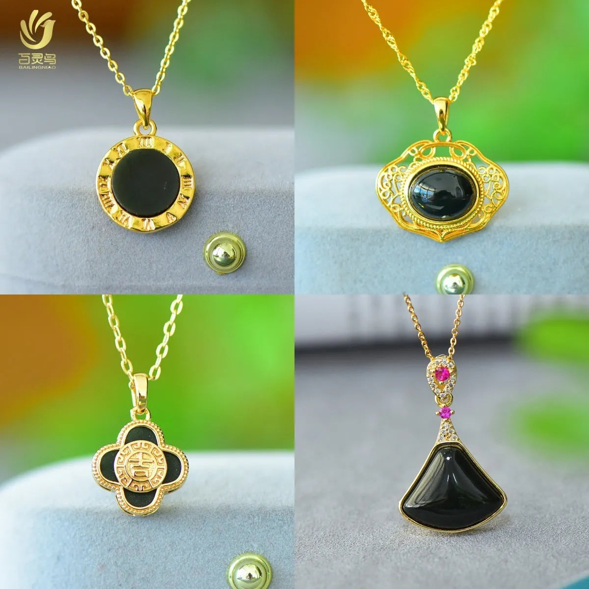 Flat natural grey Hetian jade pendant with copper inlay on a necklace chain, modern minimalist style.