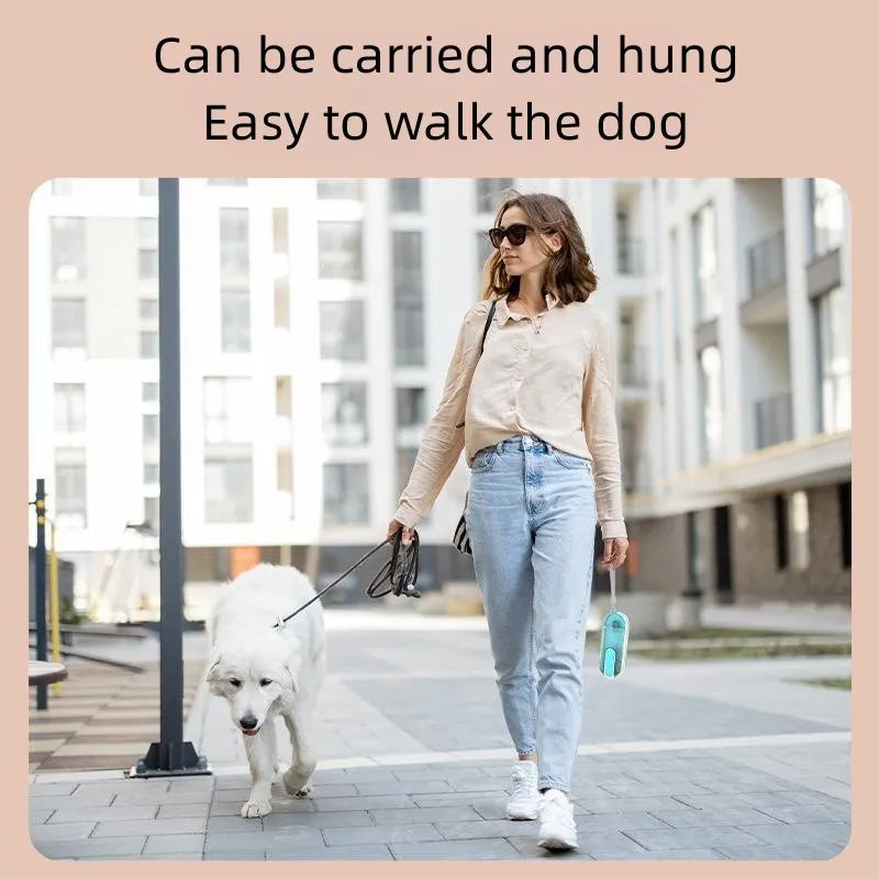 Blue portable pet water bottle with a foldable silicone drinking bowl attached, for dogs and cats.