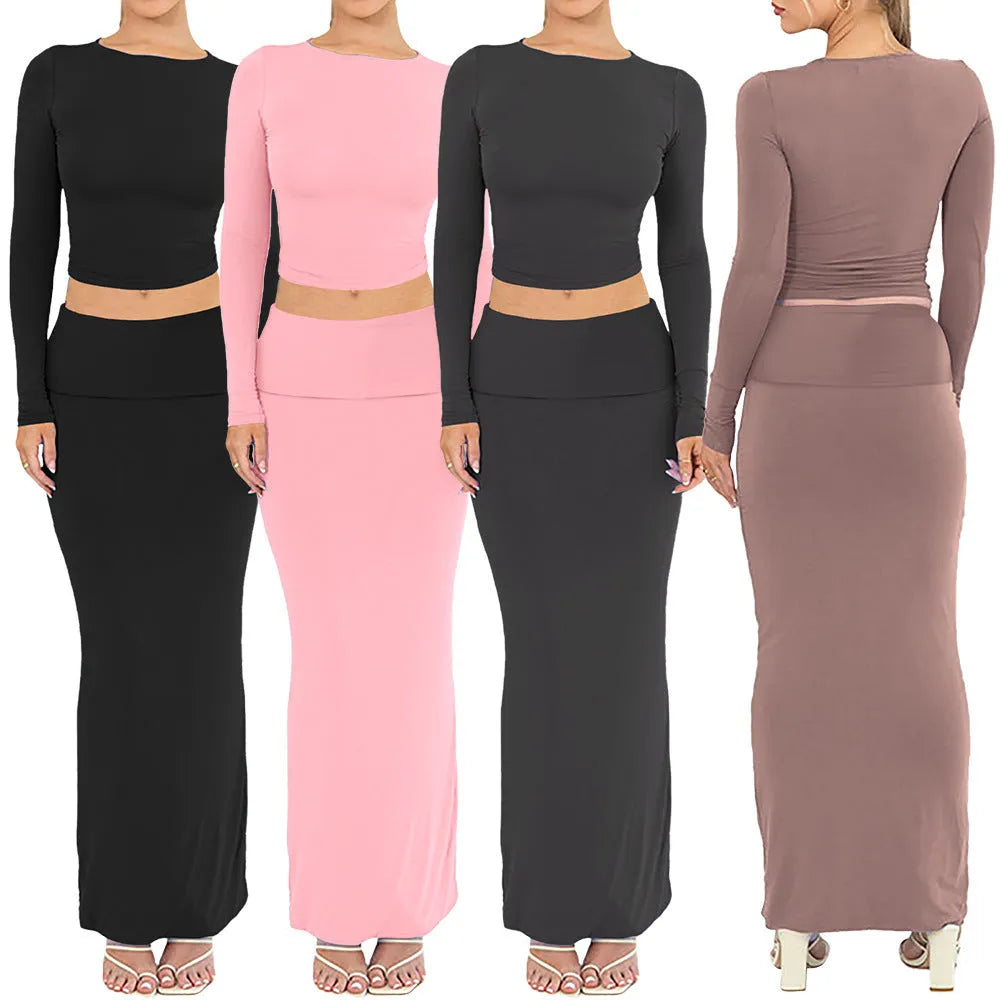Women's autumn two-piece suit with three-quarter sleeve top and long skirt in sanded polyester fabric