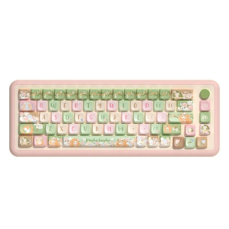 Summer Garden custom PBT key cap set for mechanical keyboards showing colourful botanical design.
