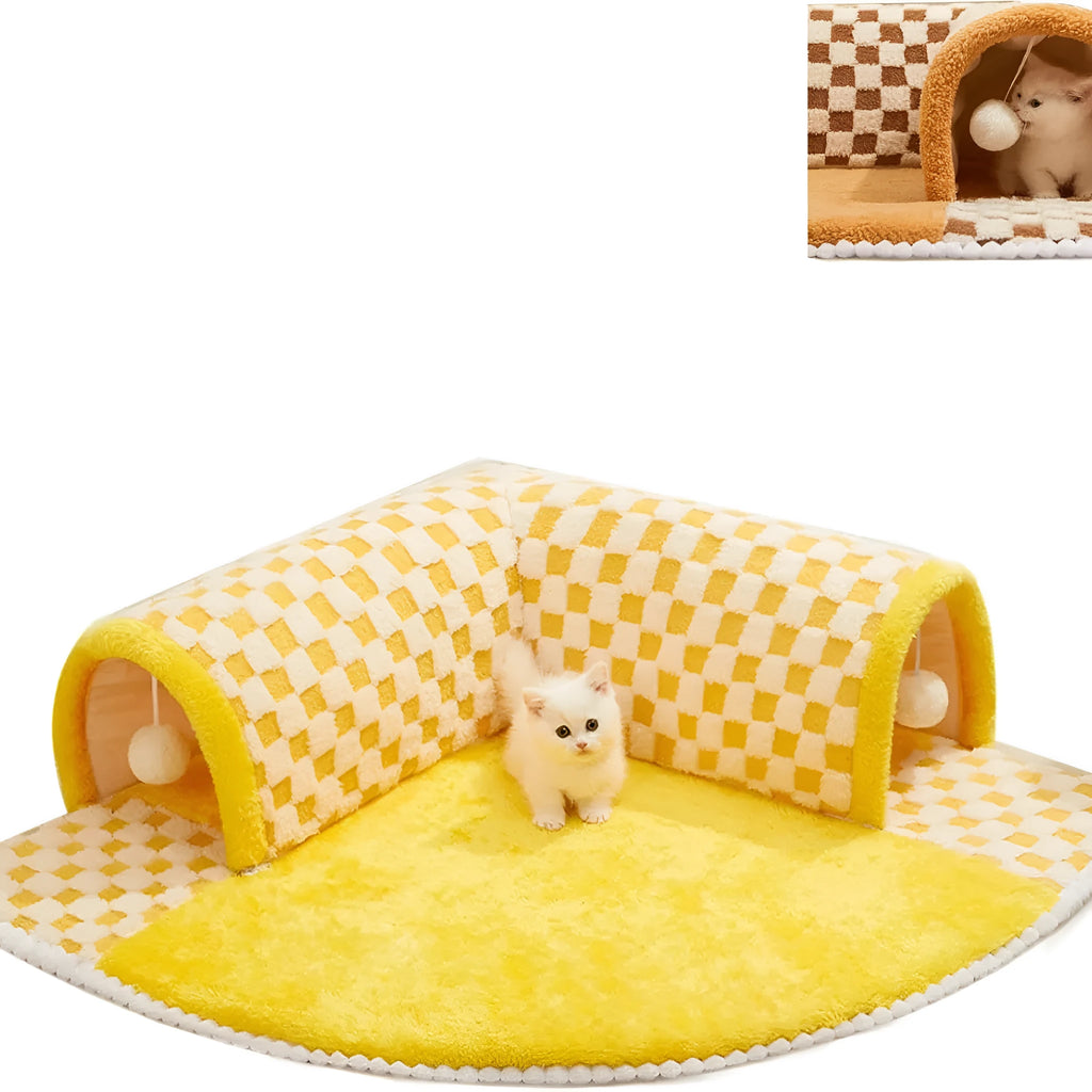 Brown plush plaid cat tunnel bed with central mat showing collapsible design and non-slip bottom
