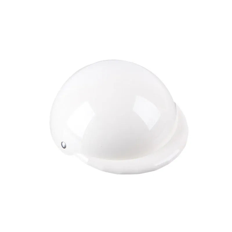 Plastic dog motorcycle cap helmet in various colours and sizes on a table