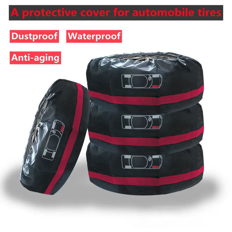 Oxford cloth 210D car tyre protective cover set of 4 in black belt style on a parked car