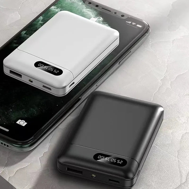 White or black portable power bank with 10000 mAh capacity measuring 92mm by 63mm