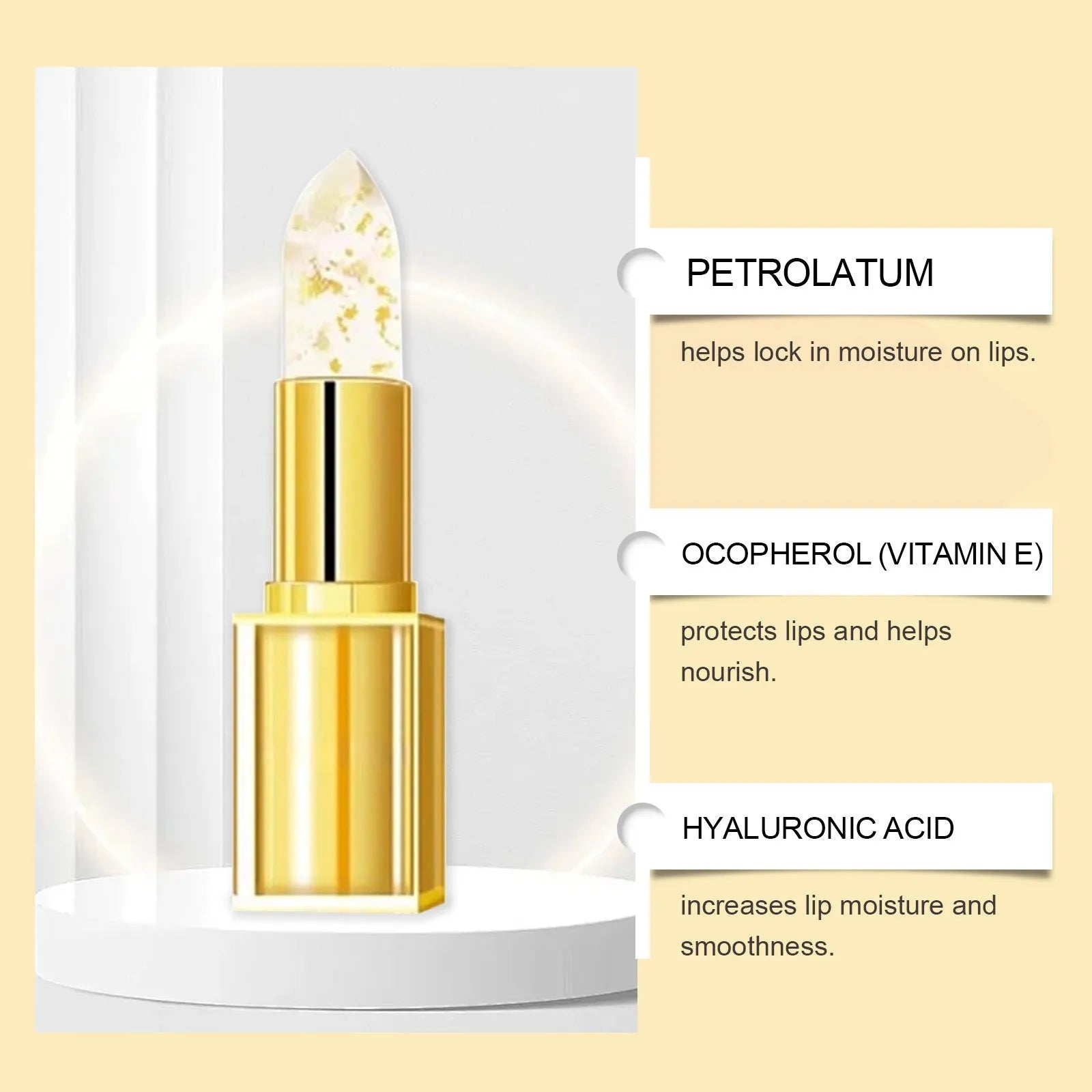 Gold foil discolouration nourishing lipstick in case, 3.5g net content.