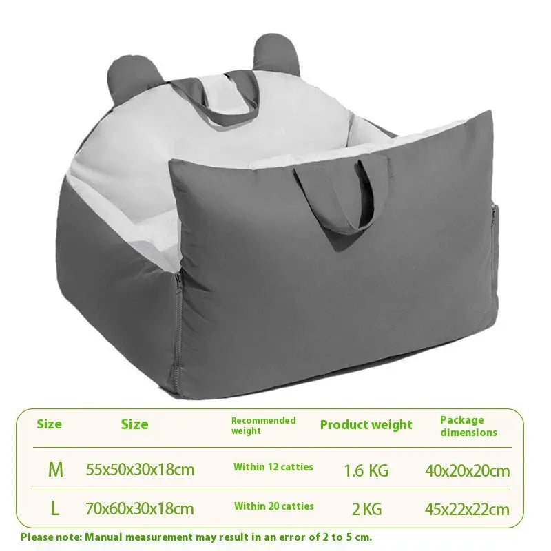 Removable washable dog car kennel in beige, shown in M and L sizes