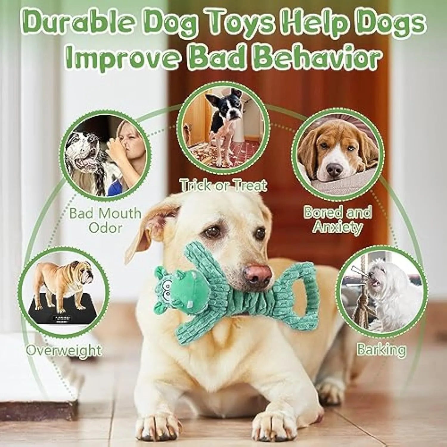 Large plush dog toy with handle, showing Hippo or Monkey design, for squeaky and crinkle interactive play