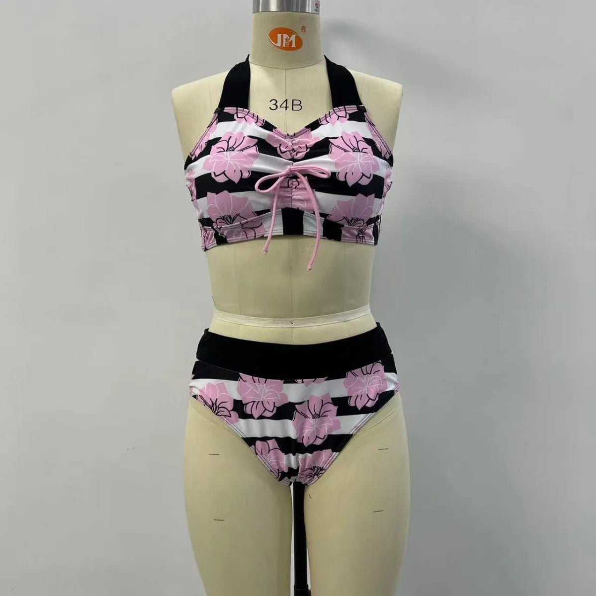 Women's black printed belly covered slimming split bikini swimsuit set