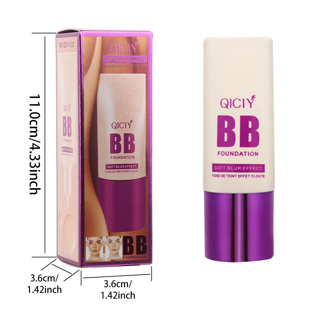 Feeding bottle of liquid foundation BB cream in one of ten available shades for brightening and concealing.