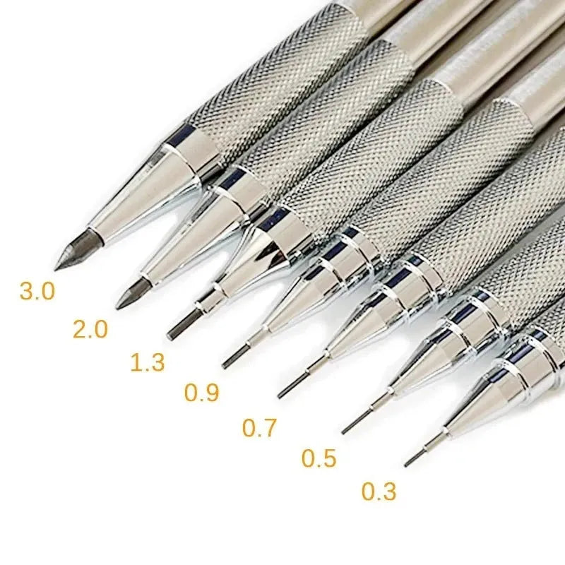 Metal mechanical pencil with automatic lead advancement mechanism and multiple lead size compatibility