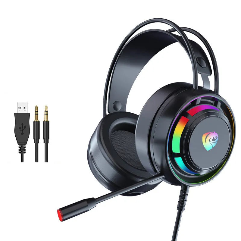 Black wired computer gaming headset with microphone and over-ear sponge cushions.
