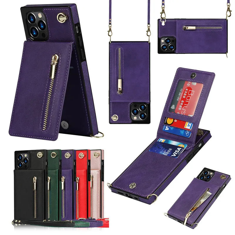 Black leather-back mobile phone case shown next to a green and purple version for iPhone and Samsung models.