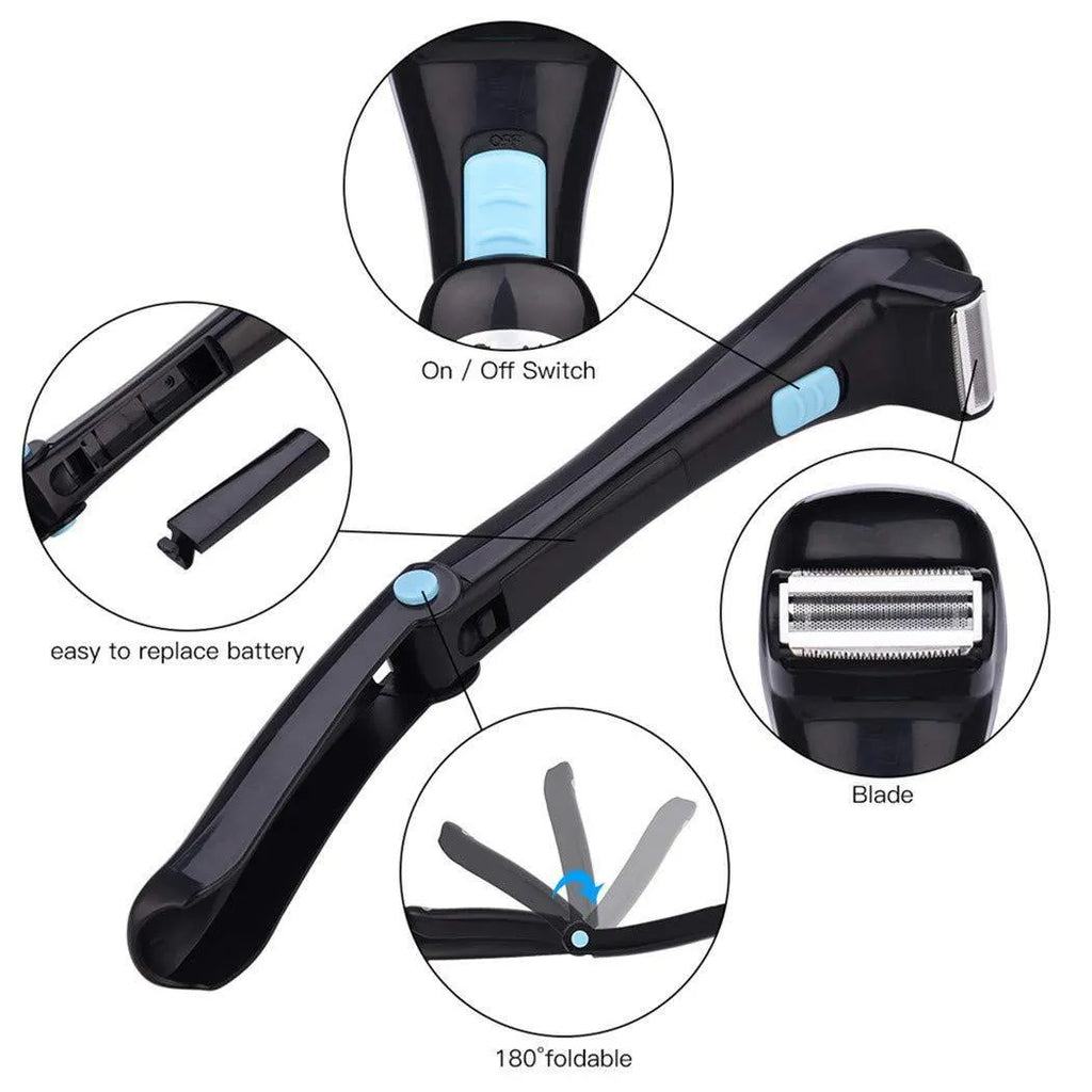 Black folding electric body shaver for whole body hair removal with dry battery power