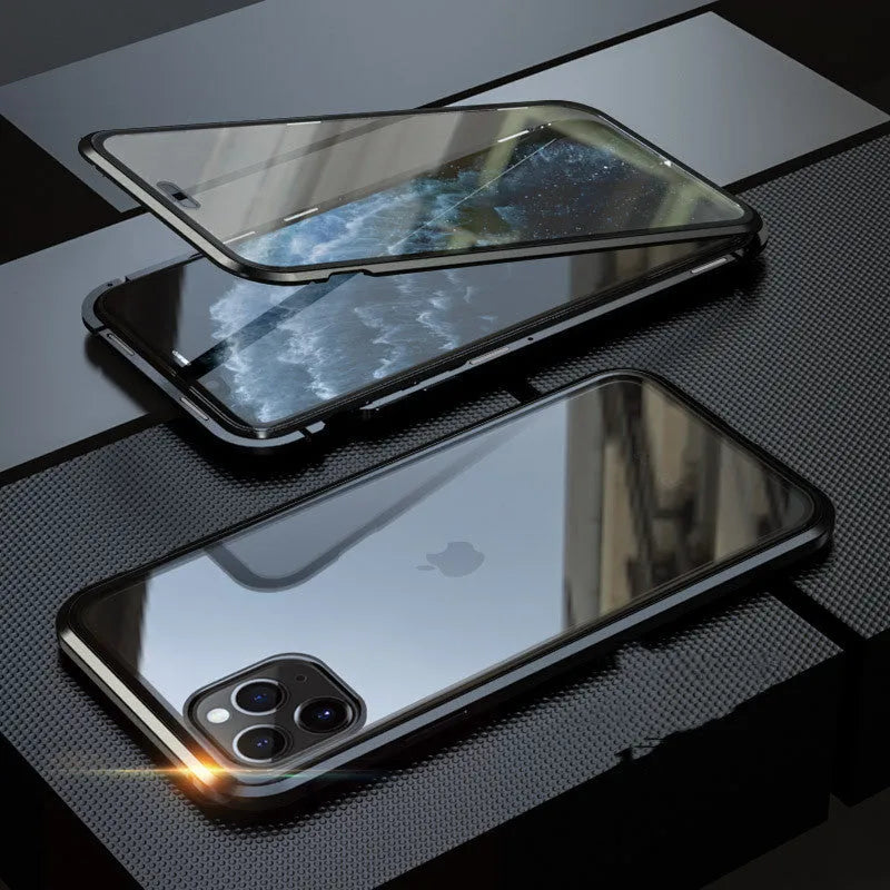 Tempered glass clamshell anti-spy phone case in multiple colours for iPhone models