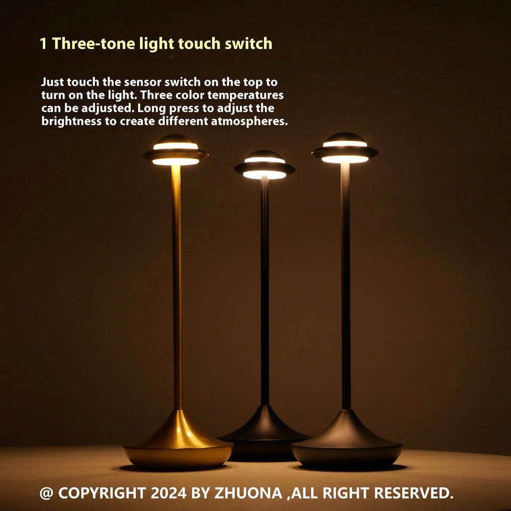 Modern UFO-shaped metal table lamp with touch controls in black, gold, or grey colour options