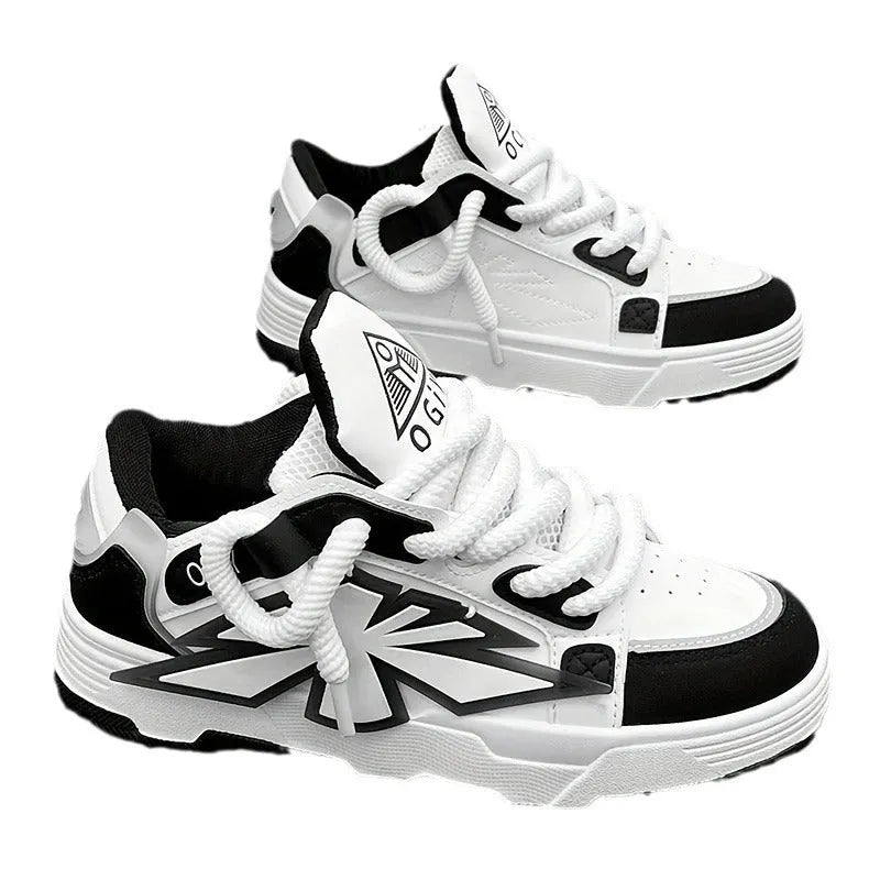 Men's white chunky sneakers with thick rubber sole and cartoon pattern details