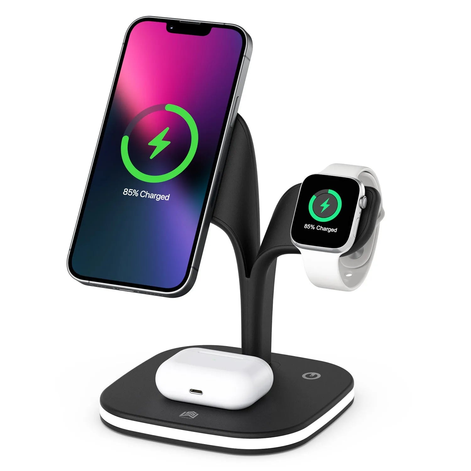 Three-device wireless charging station for phone, watch and headphones on desktop