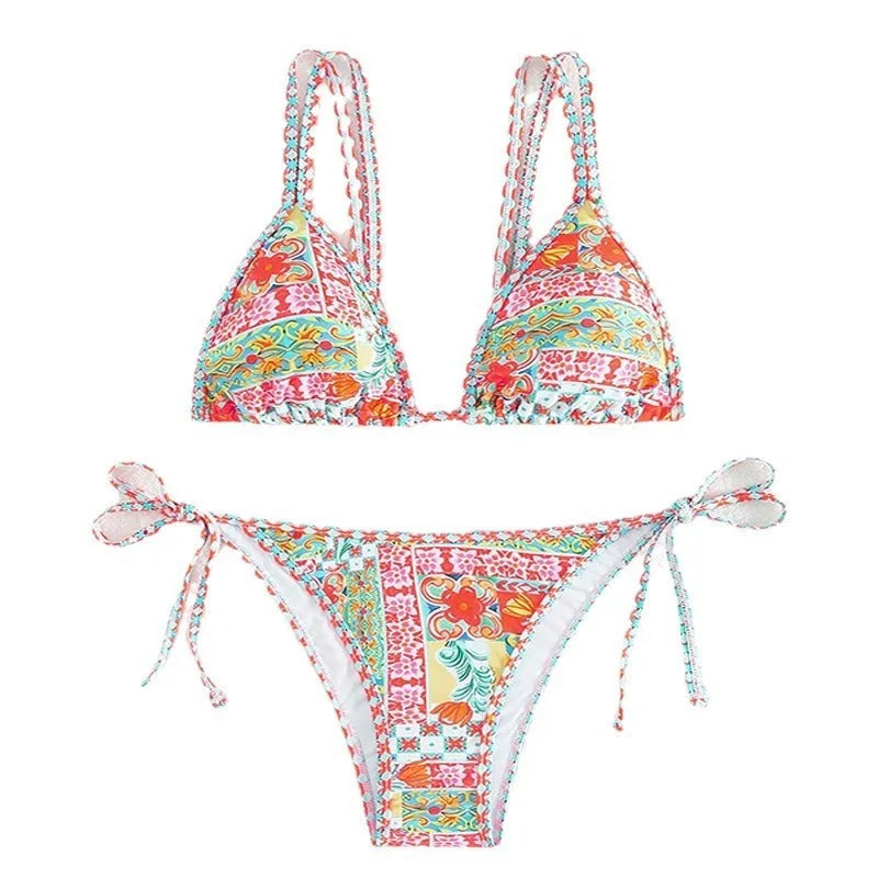 Women's lace-up backless swimsuit bikini set in picture colour