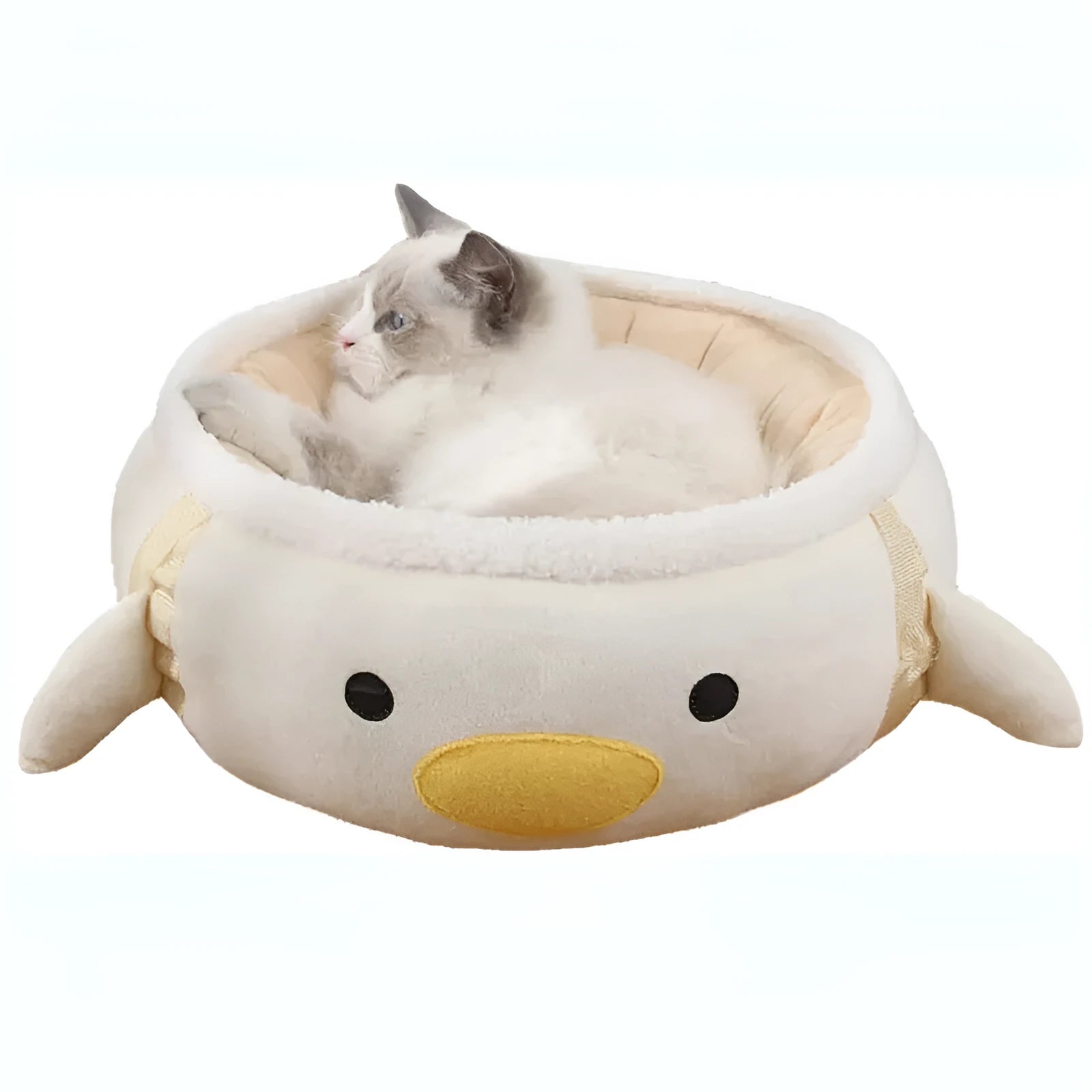 Green chick-shaped cat bed shown both flat and hanging as a hammock, suitable for small pets.