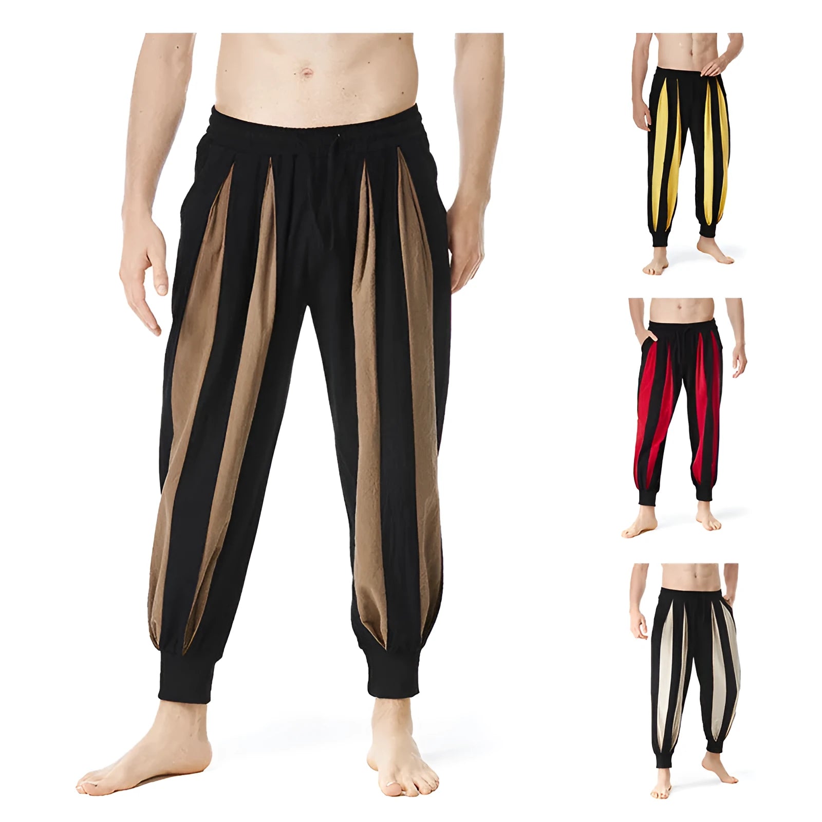 Men's straight leg casual trousers in polyester fabric available in red, khaki, yellow and brown colours