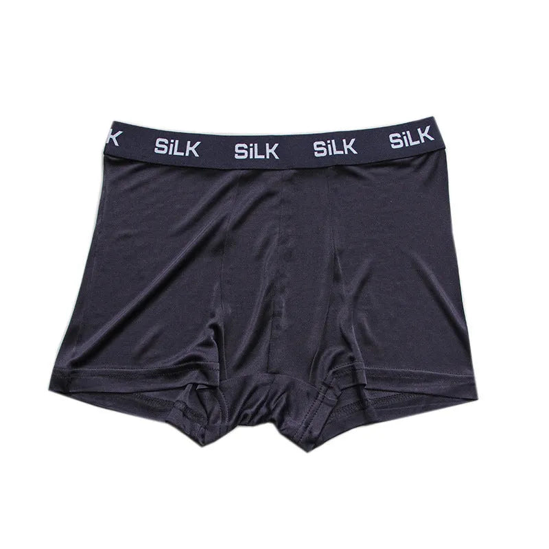 Men's loose fit silk shorts in navy blue, silver grey, or skin colour with mid-waist design