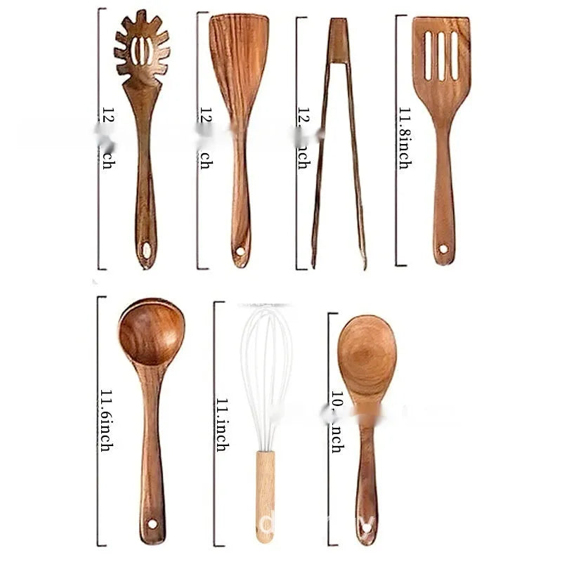 Wooden kitchen utensil set with seven pieces including spoons and spatula arranged together