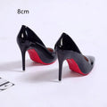 Women's solid colour stiletto heel pumps with pointed toe and shallow mouth design on a rubber sole.